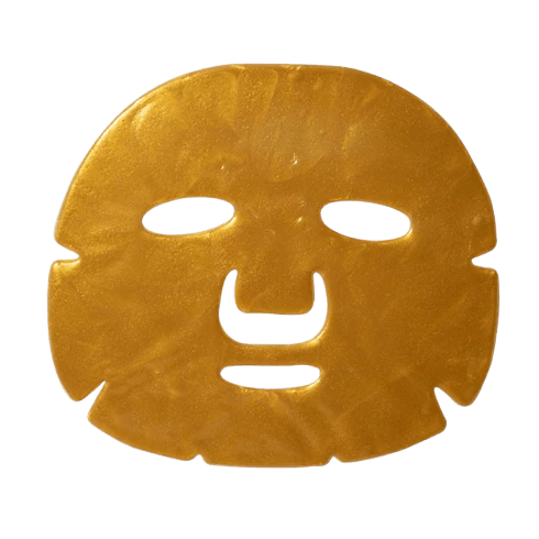 A gold-colored, skin-revitalizing mask with cutouts for the eyes, nose, and mouth. Infused with 24 Carat Gold Gel and designed as a Collagen Face Mask Sheet for a luxurious skincare experience by The Soap Gal x.