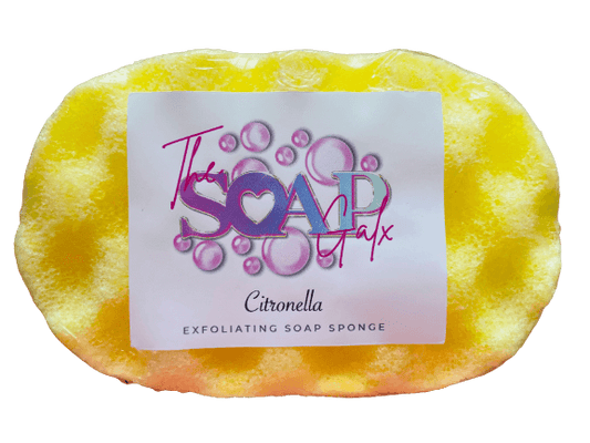 Yellow citronella soap sponge from The Soap Gals with a white label featuring the text "the soap sack citronella" in colorful font on a transparent background, offering natural protection against mosquitoes.