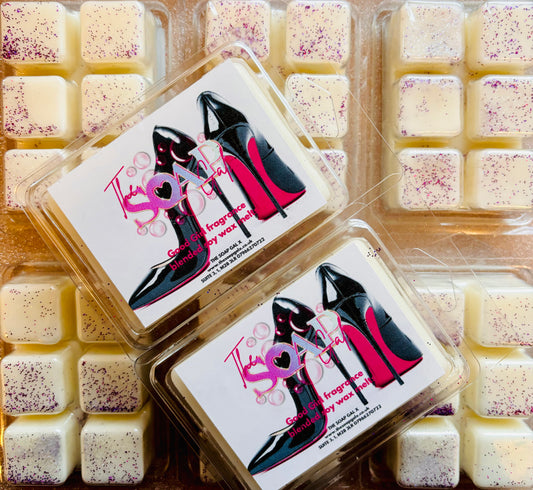 Packaged eco-friendly Good Girl Perfume Inspired Soy Wax Melts with a high heel shoe design on the labels by The Soap Gal x.