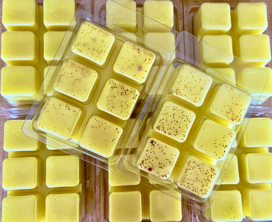 Two clear plastic trays filled with When Life Gives You Lemons wax melts sprinkled with red particles, viewed from above. (Brand: The Soap Gal x)