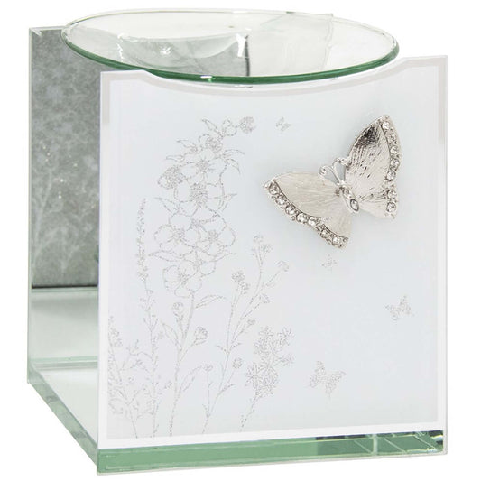 Decorative Butterfly Glass Oil Burner Wax Melter with an etched floral design and an embellished butterfly accent, perfect for use with fragrance oils, by The Soap Gal x.