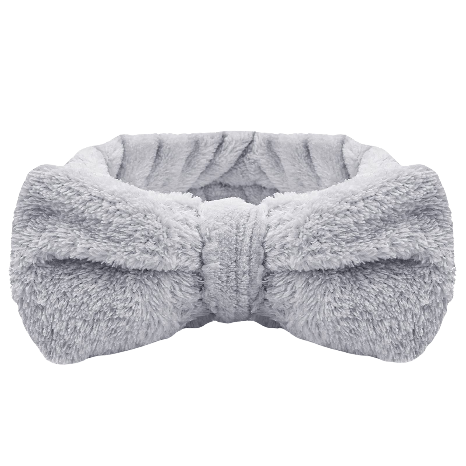 A Grey Fluffy Bow Headband from The Soap Gal x, crafted from soft elastic material, perfect for your skincare routine.