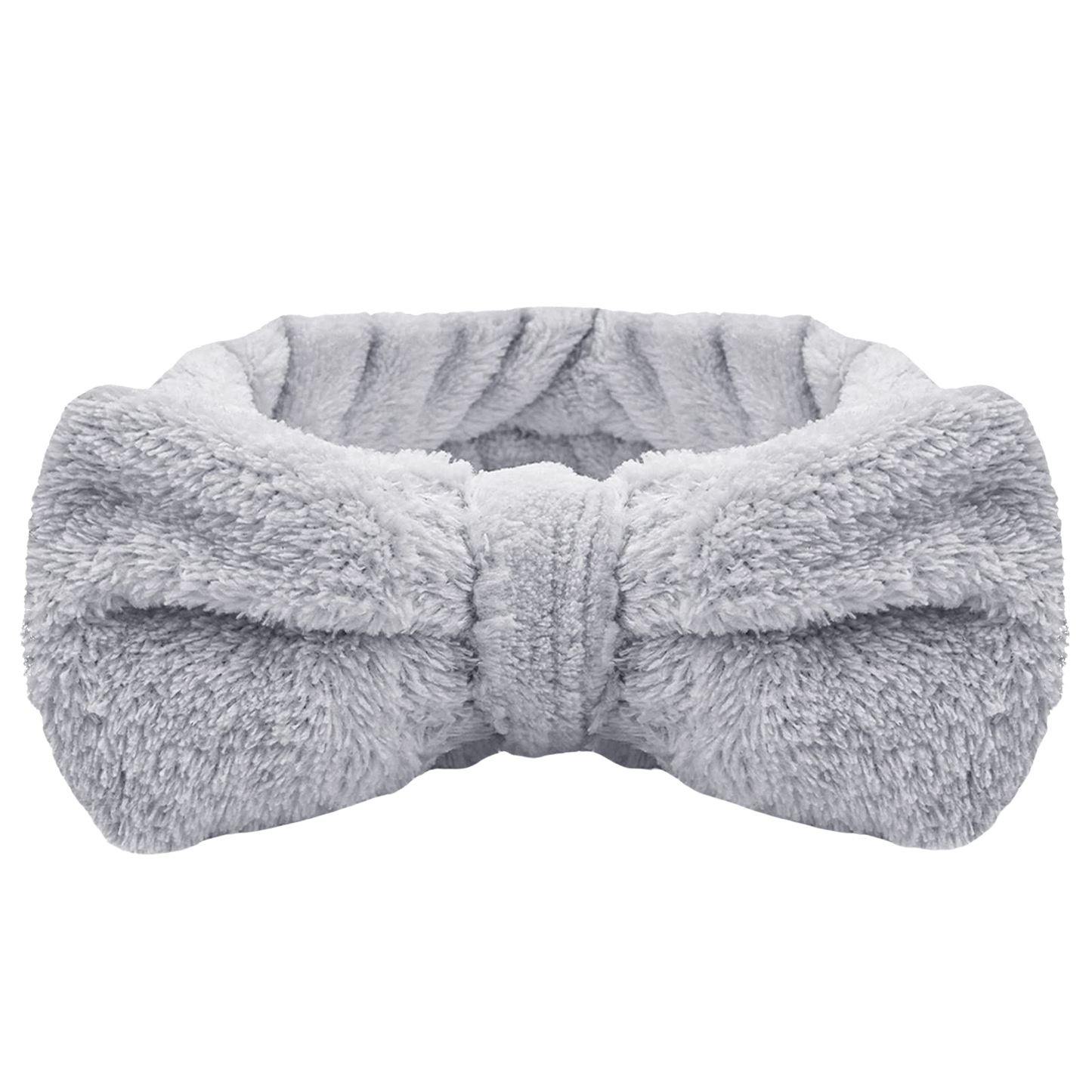 A Grey Fluffy Bow Headband by The Soap Gal x made of soft elastic material, featuring a plush design with a large bow at the front, perfect for your skincare routine.