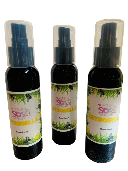 Three bottles of The Soap Gal x Citronella Insect Repellent Spray with spray pumps on a white background.