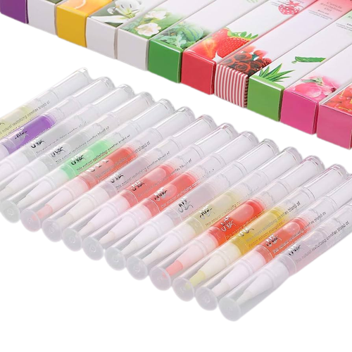 Assorted fruit-flavored The Soap Gal x cuticle oil pens displayed in clear tubes with a gradient design, arranged in front of their respective packaging boxes.