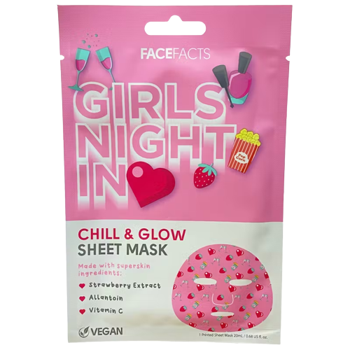 A pink package labeled "Chill and Glow Gals Night In Face Mask" featuring icons of nail polish, popcorn, and hearts, promoting vegan skincare ingredients like strawberry extract. Brand Name: The Soap Gal x