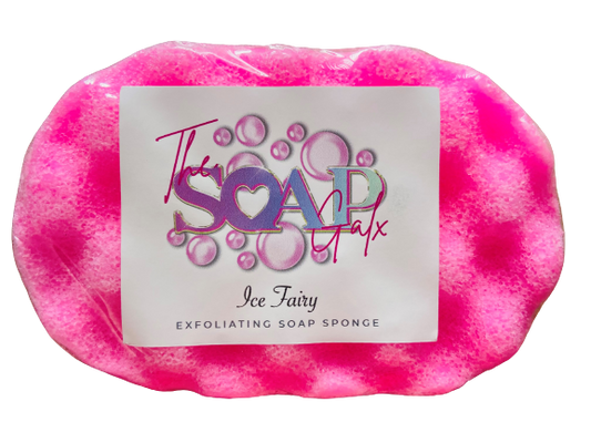 A pink Perfume Soap Sponges bar with a pink label on it, infused with The Soap Gals designer-inspired fragrances for a luxurious bathing experience.