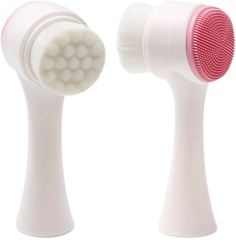 Two Exfoliating Face Brushes from The Soap Gal x with white handles and detachable brush heads, one with a honeycomb texture for deep cleansing and the other with soft, dense bristles designed to remove dead skin cells.