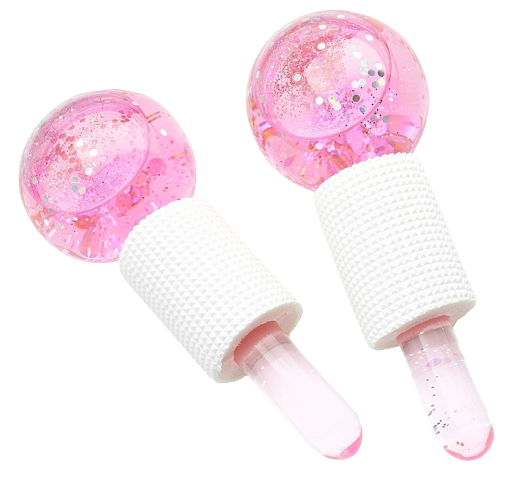 Two pink glittery cryotherapy-inspired cooling facial massage ice globes with white textured handles, isolated on a white background. Brand: The Soap Gal x