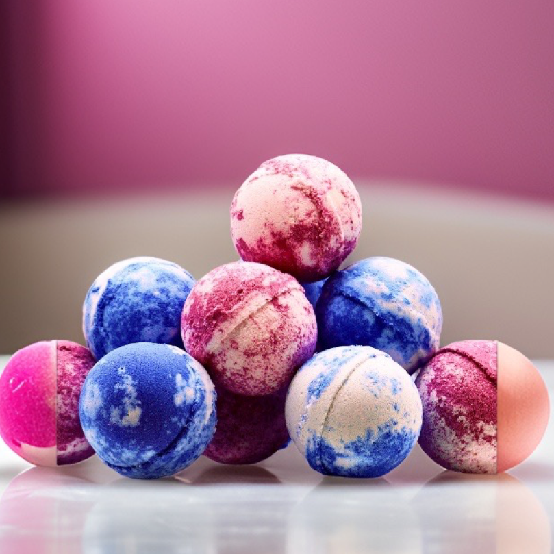 A pile of luxurious, Random Scented Jumbo Bath Bombs in shades of pink and blue, set against a soft-focus pink backdrop by The Soap Gal x.
