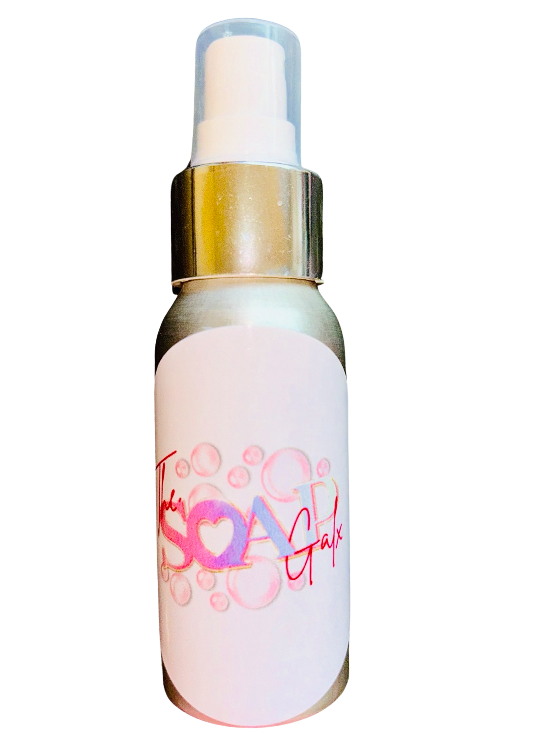 A bottle of The Soap Gal x luxury Body Spray 50ml with a white label that reads "the soap gap" against a black background, featuring a perfume-inspired scent.
