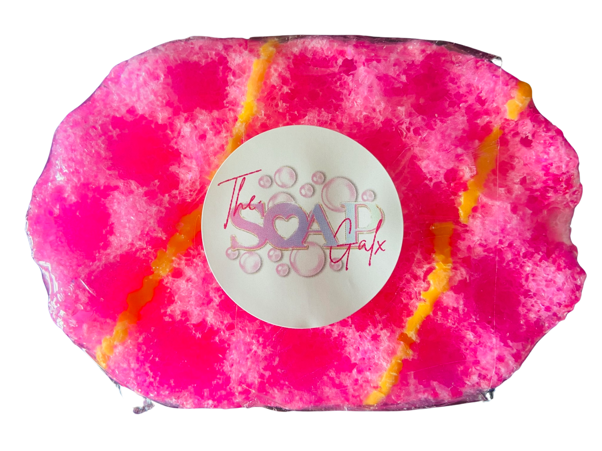 A pink Mini Exfoliating Soap Sponge with yellow and pink sprinkles on it from The Soap Gal x.