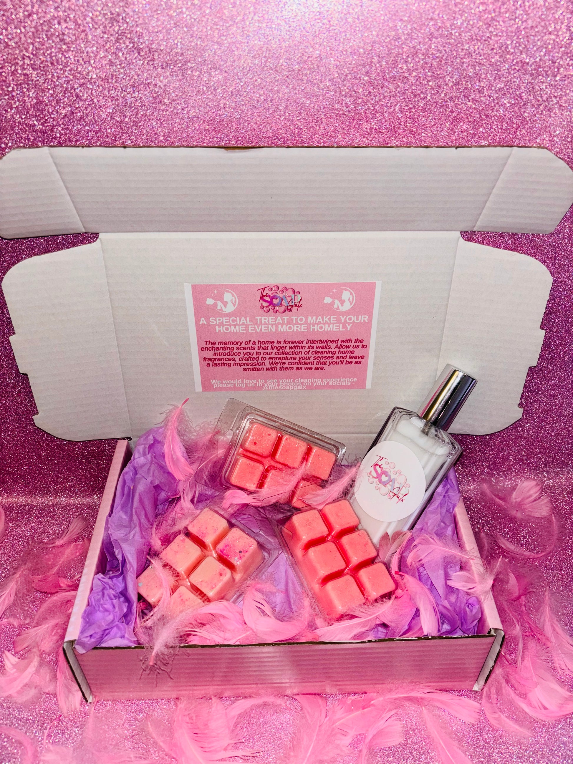 An Ice Pixie Wax Melt Gift Set - 3 Wax Melts & 1 Room Spray by The Soap Gal x, with pink wax melts enclosed in a pink box.