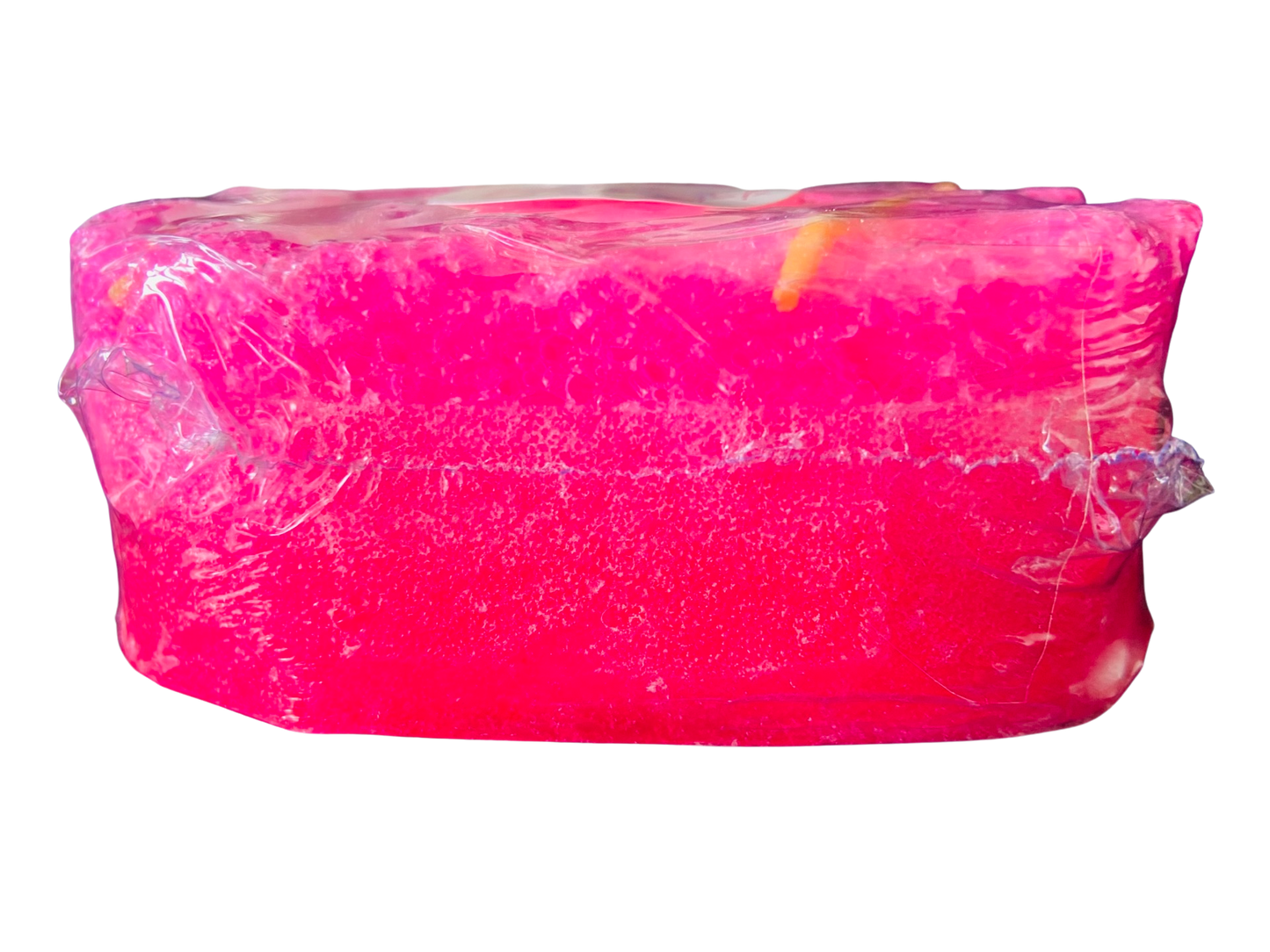 A pink Mini Exfoliating Soap Sponge by The Soap Gal x next to an exfoliating sponge on a black background.