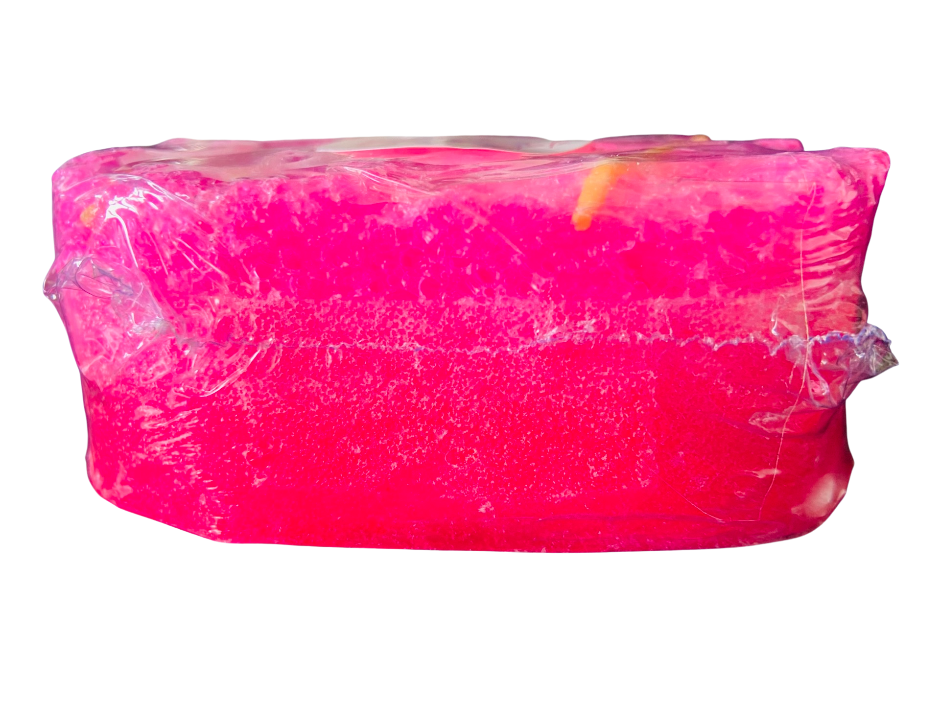 A pink Mini Exfoliating Soap Sponge by The Soap Gal x next to an exfoliating sponge on a black background.