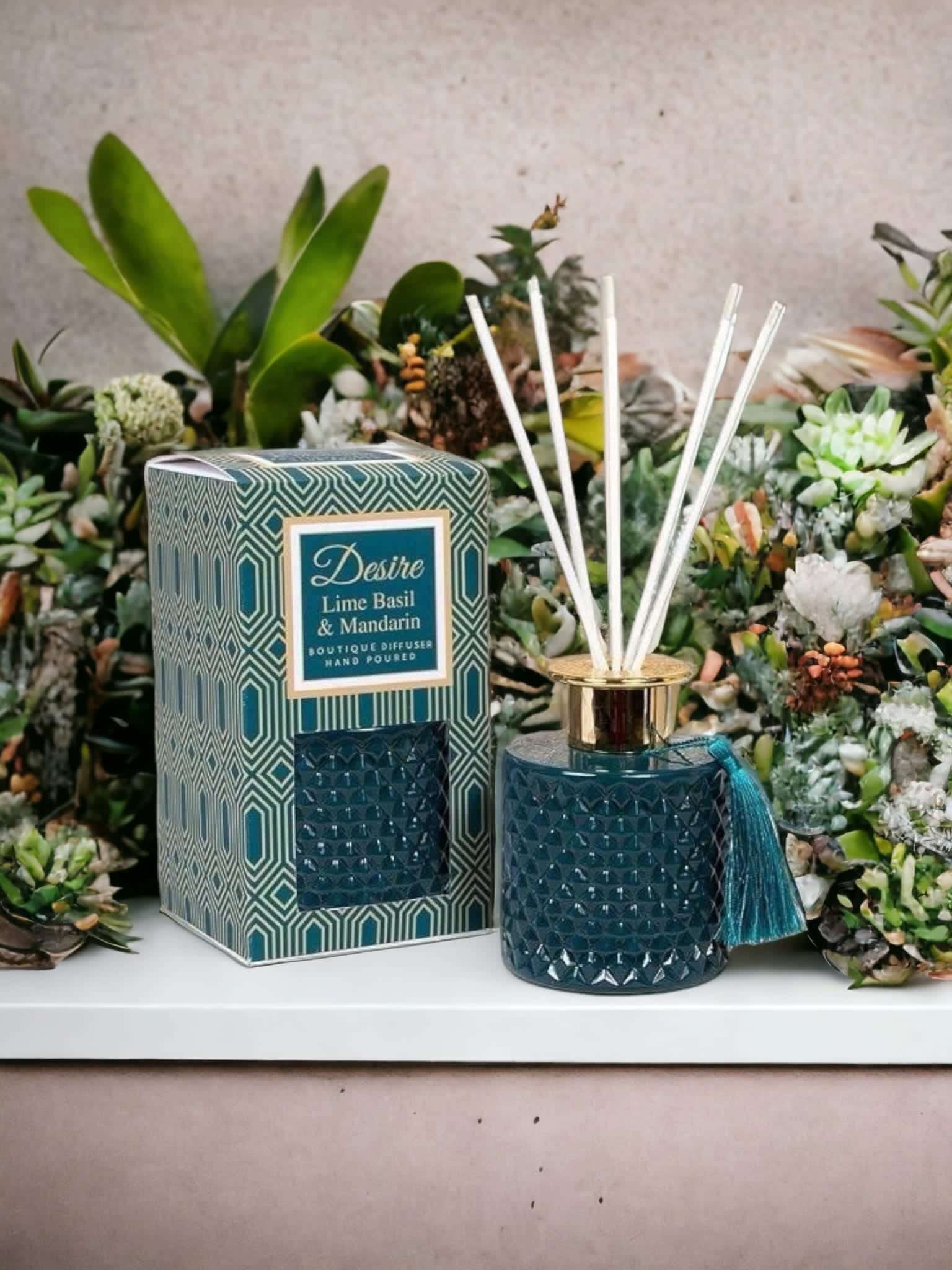 A luxurious Lime Basil And Mandarin reed diffuser from The Soap Gal x with an exquisite design, in front of plants.