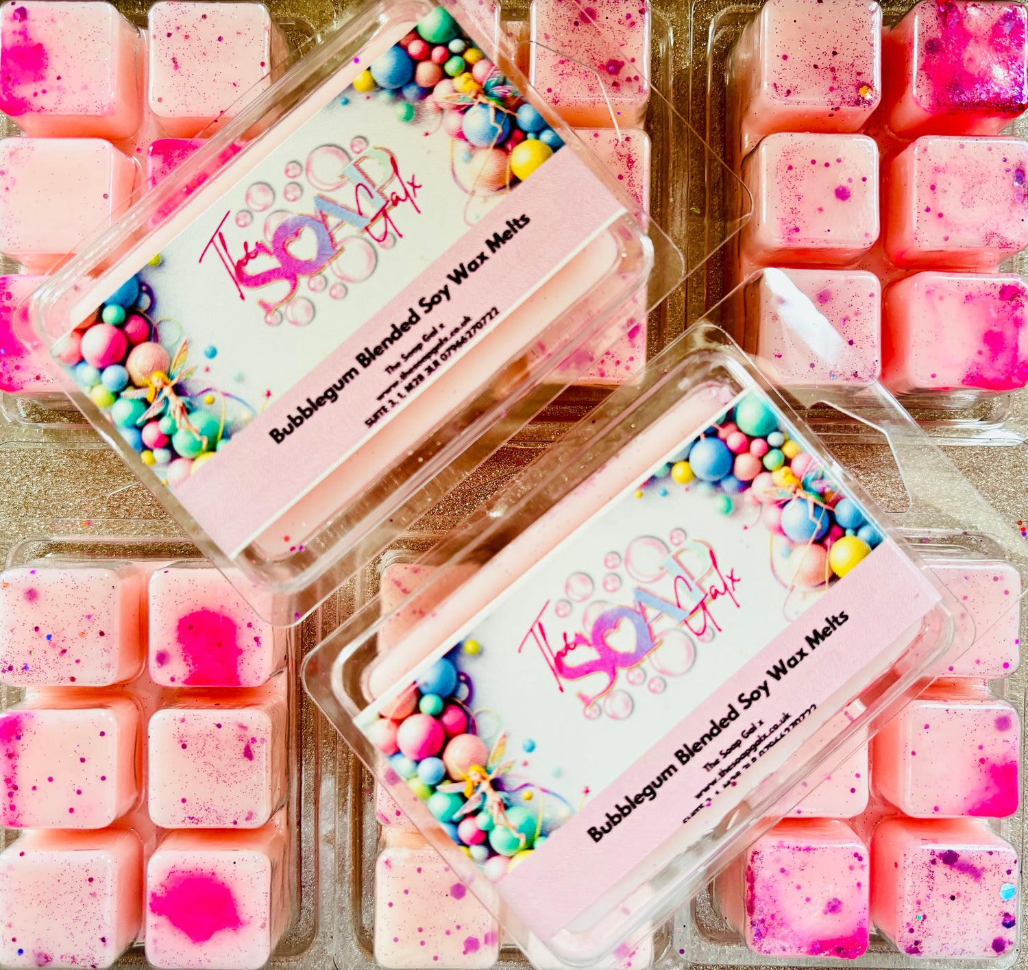 Colorful Bubba Hubba Bubblegum Wax Melts by The Soap Gals in packaging with a vibrant, speckled design.
