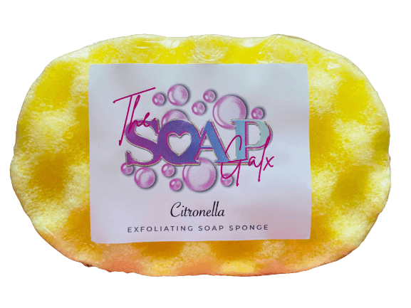 Yellow citronella soap sponge from The Soap Gals with a white label featuring the text "the soap sack citronella" in colorful font on a transparent background, offering natural protection against mosquitoes.