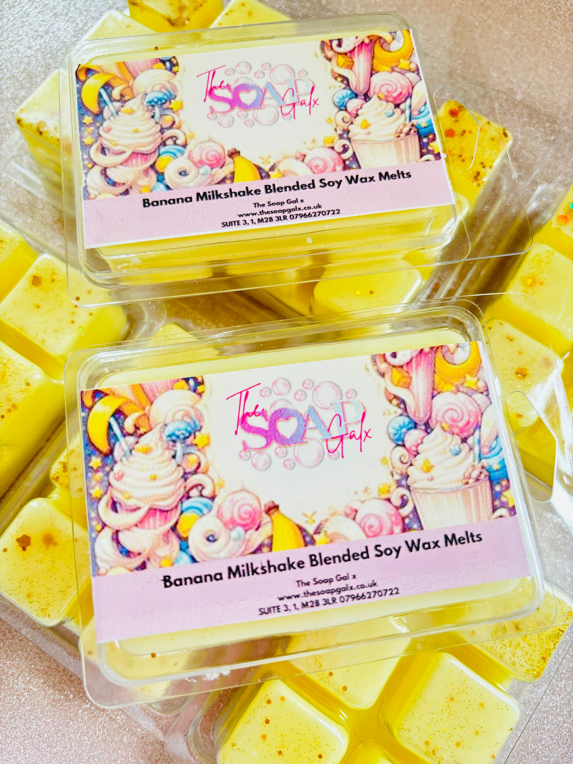 Packaged Banana Milkshake wax melts scented soy candle with colorful labels by The Soap Gal x.