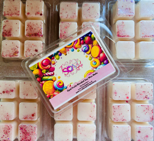 A pack of Opal Fruity Wax Melts with a bright, candy-themed label on the packaging, perfect for pairing with soy candle wax for a sweet-scented craft project. Brand Name: The Soap Gal x