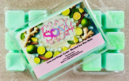 Packaged Lime and Ginger Wax Melt from The Soap Gal x with soy candle wax displayed on a glittery surface.