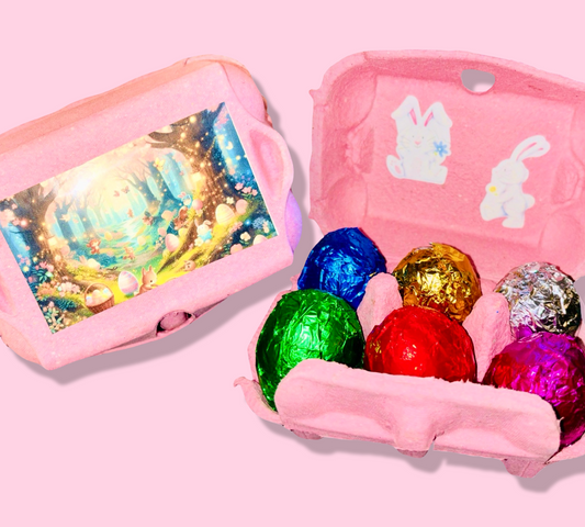 A pink Easter Egg Tray Bath Bomb from The Soap Gal x with a group of eggs in it, perfect for children's bath time.