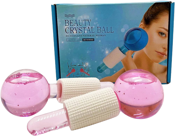 Two pink Cooling Facial Massage Ice Globes 2 Pack from The Soap Gal x in front of their packaging featuring an image of a woman using a similar product to reduce puffiness.