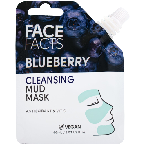 The Soap Gal x Deep Cleansing Blueberry Mud Clay Mask packaging with a dropper, highlighted features include antioxidants and vitamin C, labeled as vegan friendly, 60 ml volume.