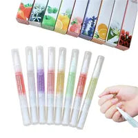 A set of colorful fruit-scented The Soap Gal x Cuticle Oil Pens with packaging displayed above and a hand demonstrating the use of one pen to moisturise cuticles.