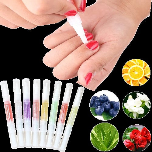 Application of The Soap Gal x fruit-scented cuticle oil pen on fingernails with images of fruits and flowers corresponding to the scents to moisturize cuticles.