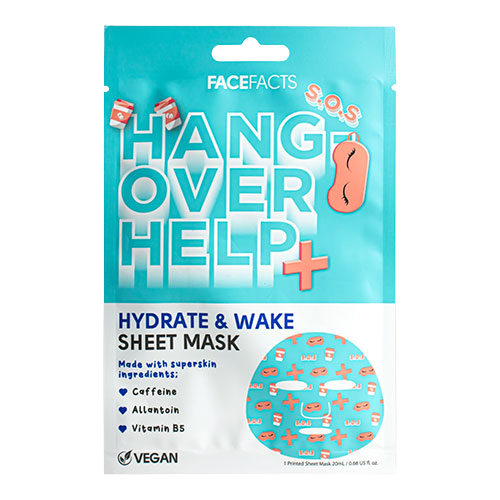 Package of The Soap Gal x Hangover Help Face Mask Sheet, highlighting ingredients such as caffeine, coffee extract, allantoin, and vitamin B5. Noting it is vegan. The turquoise package features hangover icons.