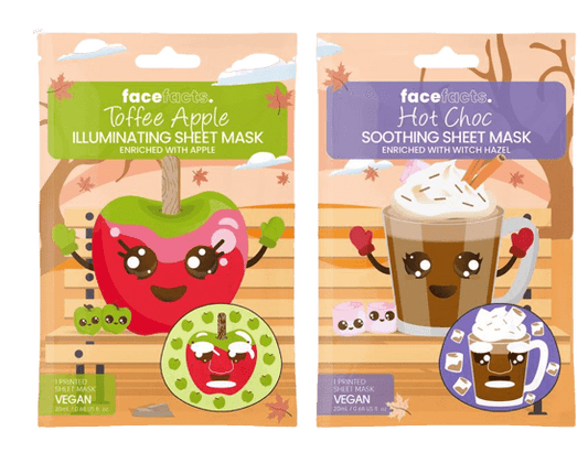 Two Hot Chocolate and Toffee Apple printed sheet face mask packages with cartoon designs: one featuring a Hot Chocolate Illuminating Sheet Mask and the other a Toffee Apple Soothing Sheet Mask, both labeled as vegan and enriched with natural ingredients from The Soap Gal x.