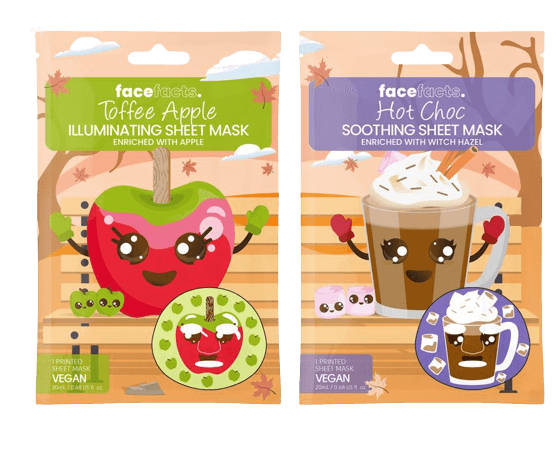 Two Hot Chocolate and Toffee Apple printed sheet face mask packages with cartoon designs: one featuring a Hot Chocolate Illuminating Sheet Mask and the other a Toffee Apple Soothing Sheet Mask, both labeled as vegan and enriched with natural ingredients from The Soap Gal x.