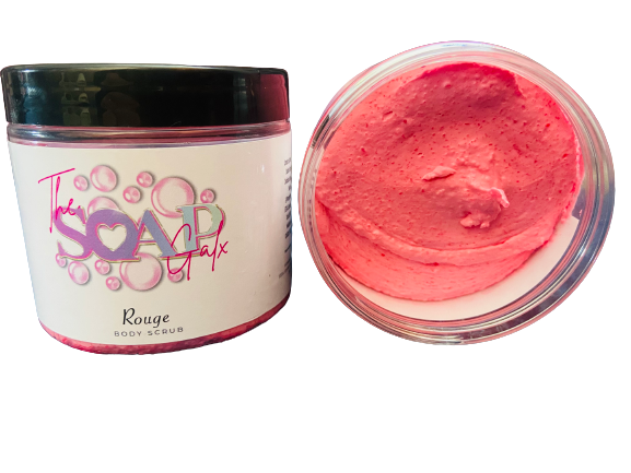 A jar of The Soap Gals Women's Body Scrub with a pink lid.