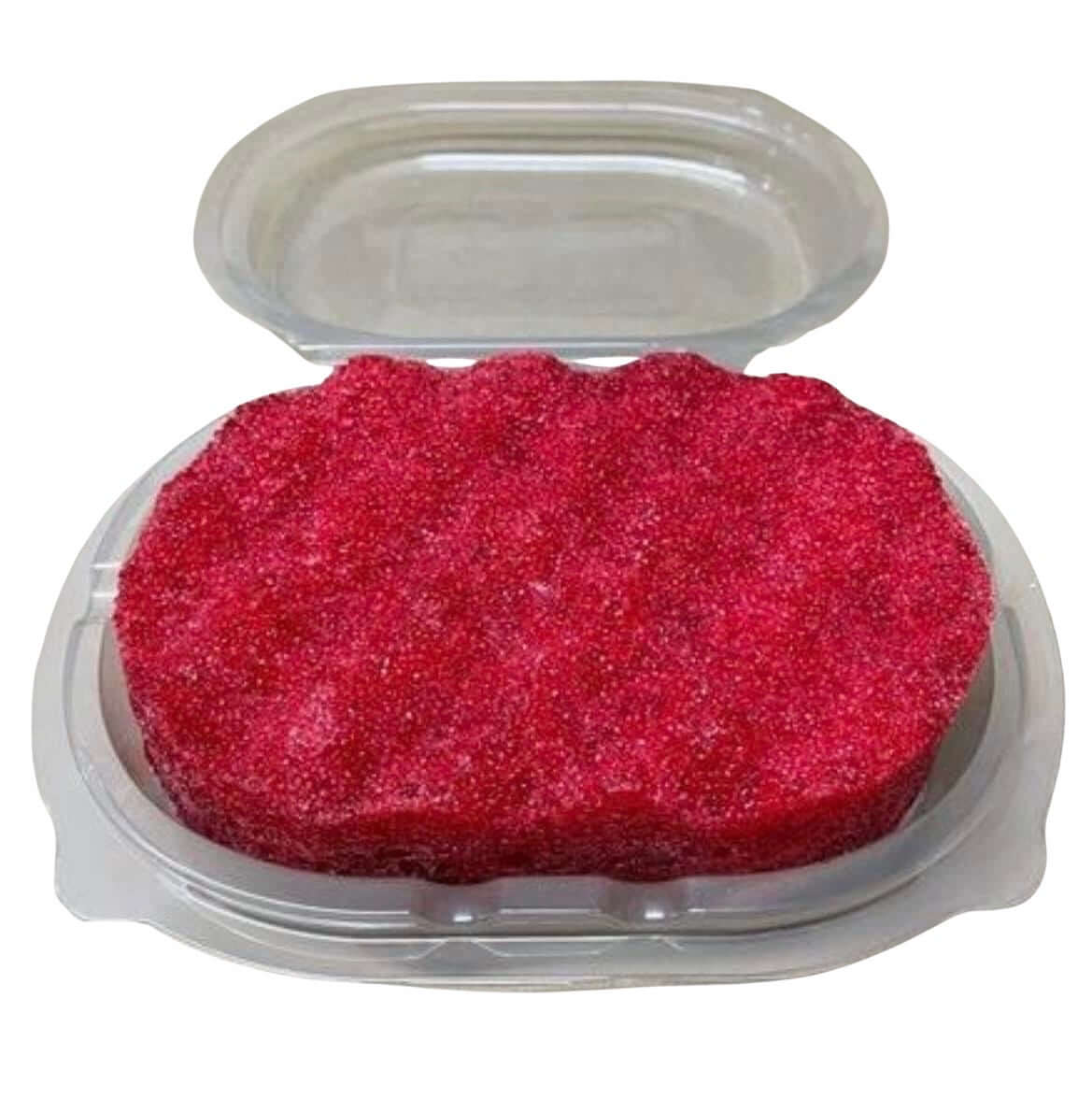 A plastic container with a red Men's Aftershave Inspired Soap Sponge by The Soap Gals in it.