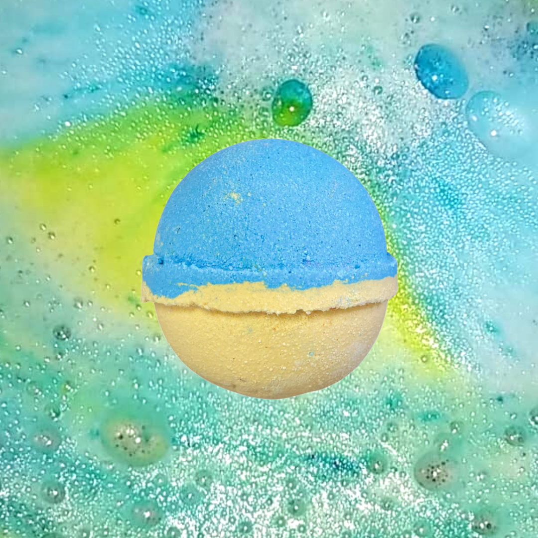 A blue and yellow Mr Millions Aftershave Bath Bomb from The Soap Gals against a colorful, soapy background.