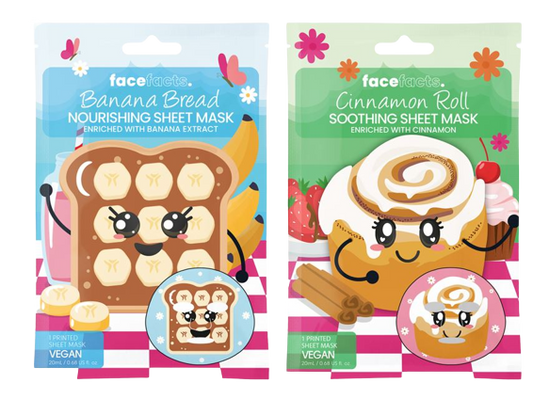 Two Cinnamon Roll and Banana Bread Printed Sheet Face Mask packages with cartoon designs, one themed as banana bread and the other as cinnamon roll, perfect for a self-care spa day, both labelled as vegan from The Soap Gal.