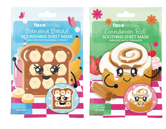 Two Cinnamon Roll and Banana Bread Printed Sheet Face Mask packages with cartoon designs, one themed as banana bread and the other as cinnamon roll, perfect for a self-care spa day, both labelled as vegan from The Soap Gal.